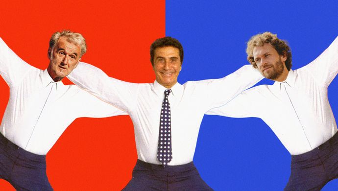 Frank Cools, Gilbert Becaud & Florian de Schepper springen in de lucht. De achtergrond is half rood en half blauw.