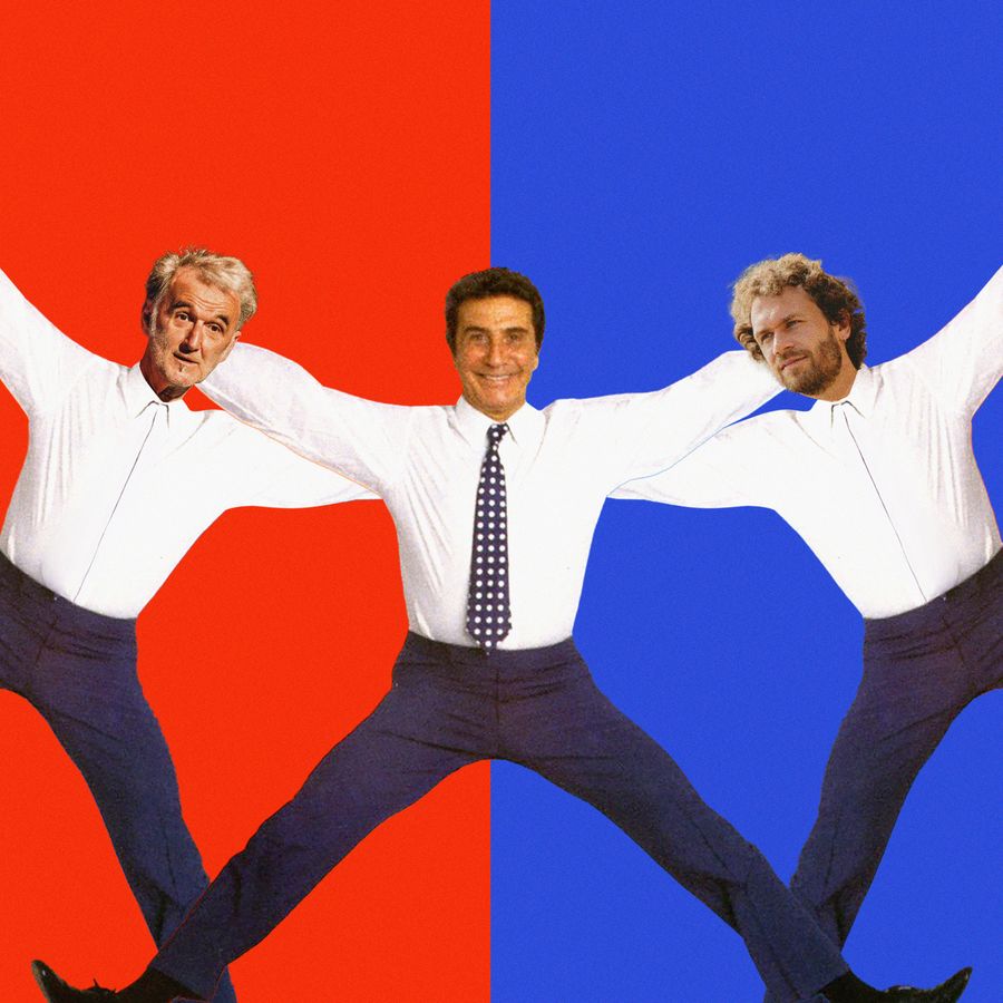 Frank Cools, Gilbert Becaud & Florian de Schepper springen in de lucht. De achtergrond is half rood en half blauw.
